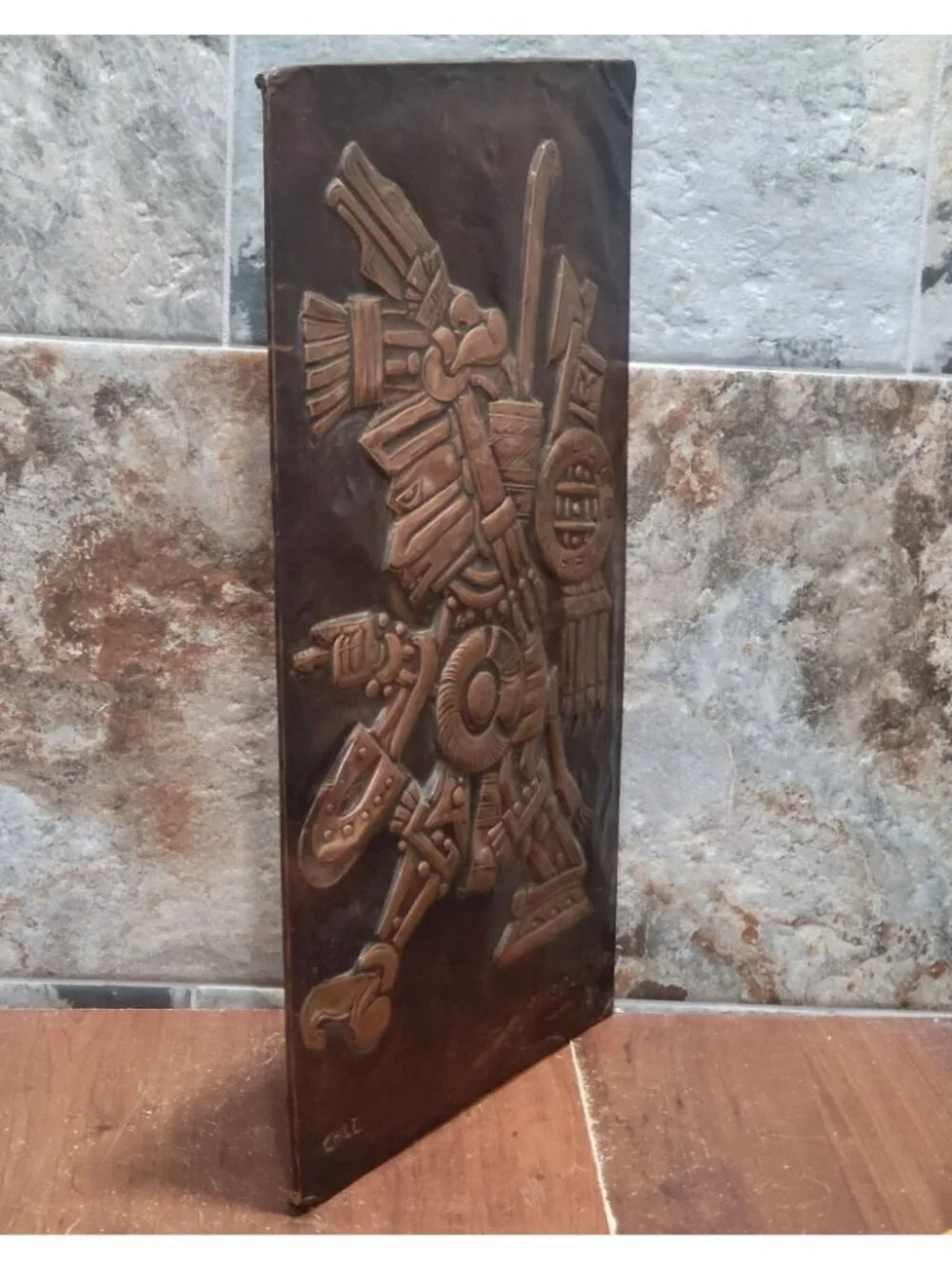 VTG Aztec Copper Relief Wall Plaque Tezcatlipoca Caliban Chile Chasqui Art